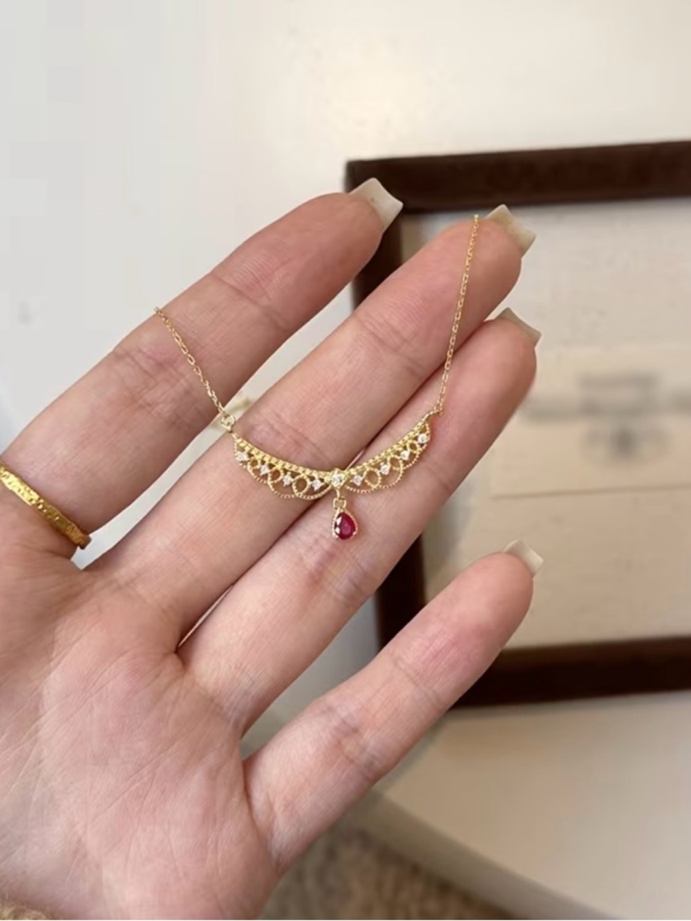 New Gold Filigree Necklace Red Ruby Teardrop Pendant copper synthetic zircon